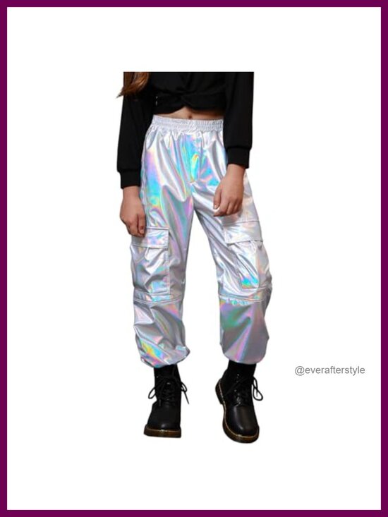 Other - Metallic Cargo Pants for Girls High Waist Joggers Dance Multi-Pocket Elastic